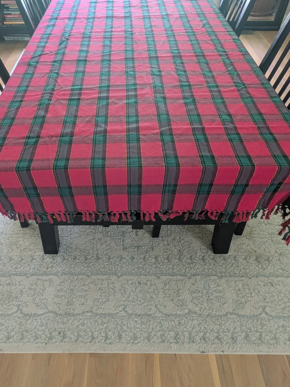 Vintage Red Green Plaid Tablecloth Gold Lurex Thread Fringe